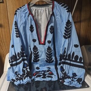 SHEIN Blue and Black Patterned Blouse